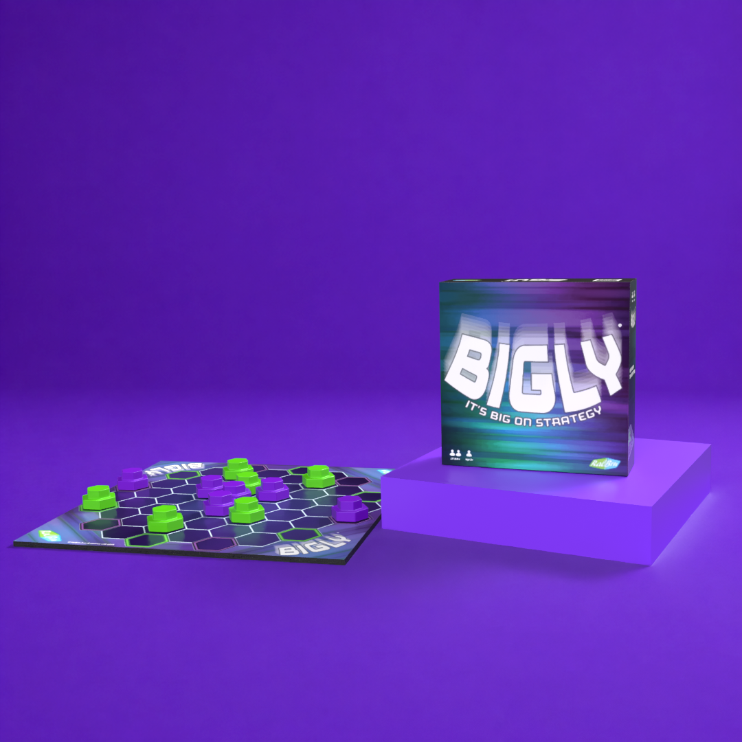 Bigly board game box beside a hexagonal game board with green and purple playing pieces, compact abstract strategy game