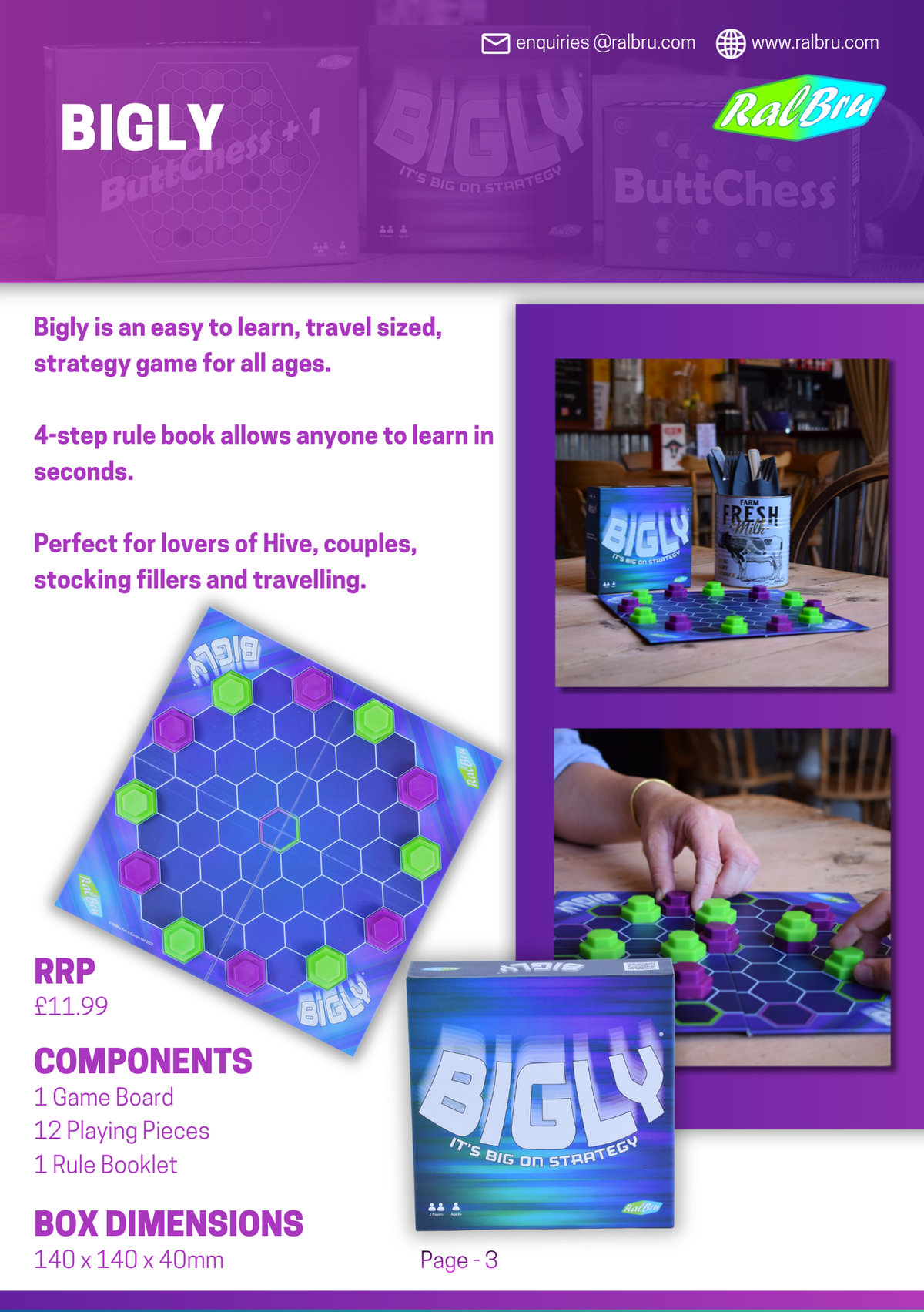Bigly travel-sized two-player strategy board game by Ralbru Games, featuring a hexagonal game board and green and purple playing pieces. Easy to learn in seconds with a simple four-step rulebook, perfect for couples, fans of Hive, travel, game nights and stocking fillers. RRP £11.99.