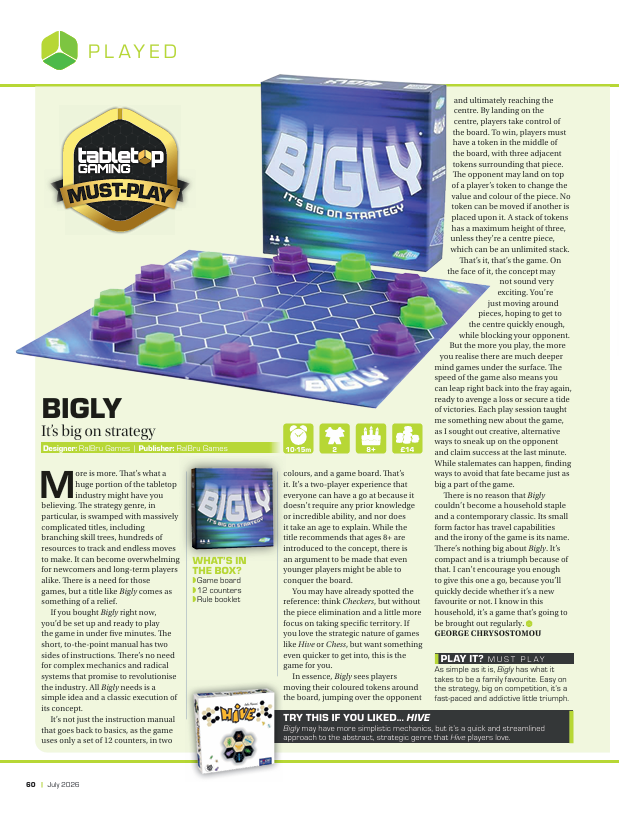 A Tabletop Gaming Magazine board game review page featuring the game Bigly. The page includes a large title, a screenshot of the game board with blue hexagonal tiles and green/purple pieces, a product box, a logo for tabletop gaming, and several paragraphs of review text. Importantly a must play badge in the top corner.