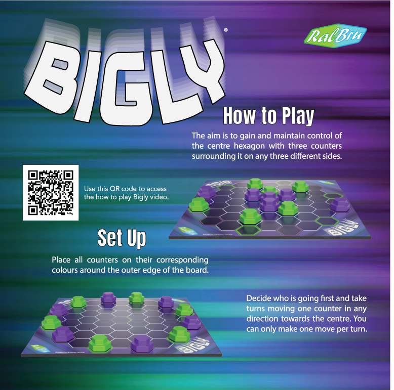 Instructional graphic for the board game Bigly, featuring two gameplay panels with a hexagonal game board, colored hexagons, and green and purple player pieces on a dark blue and green gradient background. The graphic includes the Bigly title, a QR code, and instructions for how to play and set up the game.