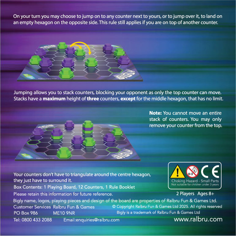 Rally Fun & Games board game instruction sheet showing the board layout, player turn rules, counter placement, and a compliance badge. The sheet features a dark blue and purple gradient background with the game board illustrated in the center.