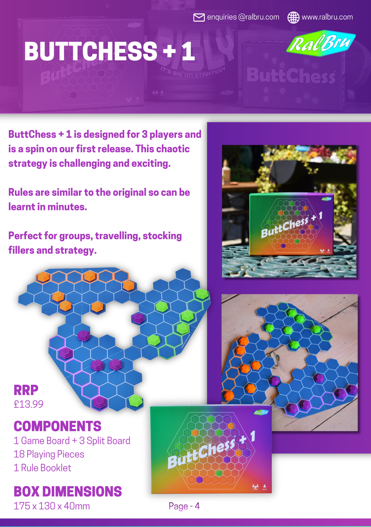 Discover ButtChess + 1, a fast-paced three-player strategy board game from Ralbru Games. A chaotic twist on the original ButtChess, featuring a modular hexagonal board, 18 playing pieces and three split-board sections for changing the battlefield. Easy to learn in minutes, this compact travel game combines attacking, defending and tactical decision-making. With an RRP of £13.99, it's ideal for game nights, holidays, groups and affordable gifts.