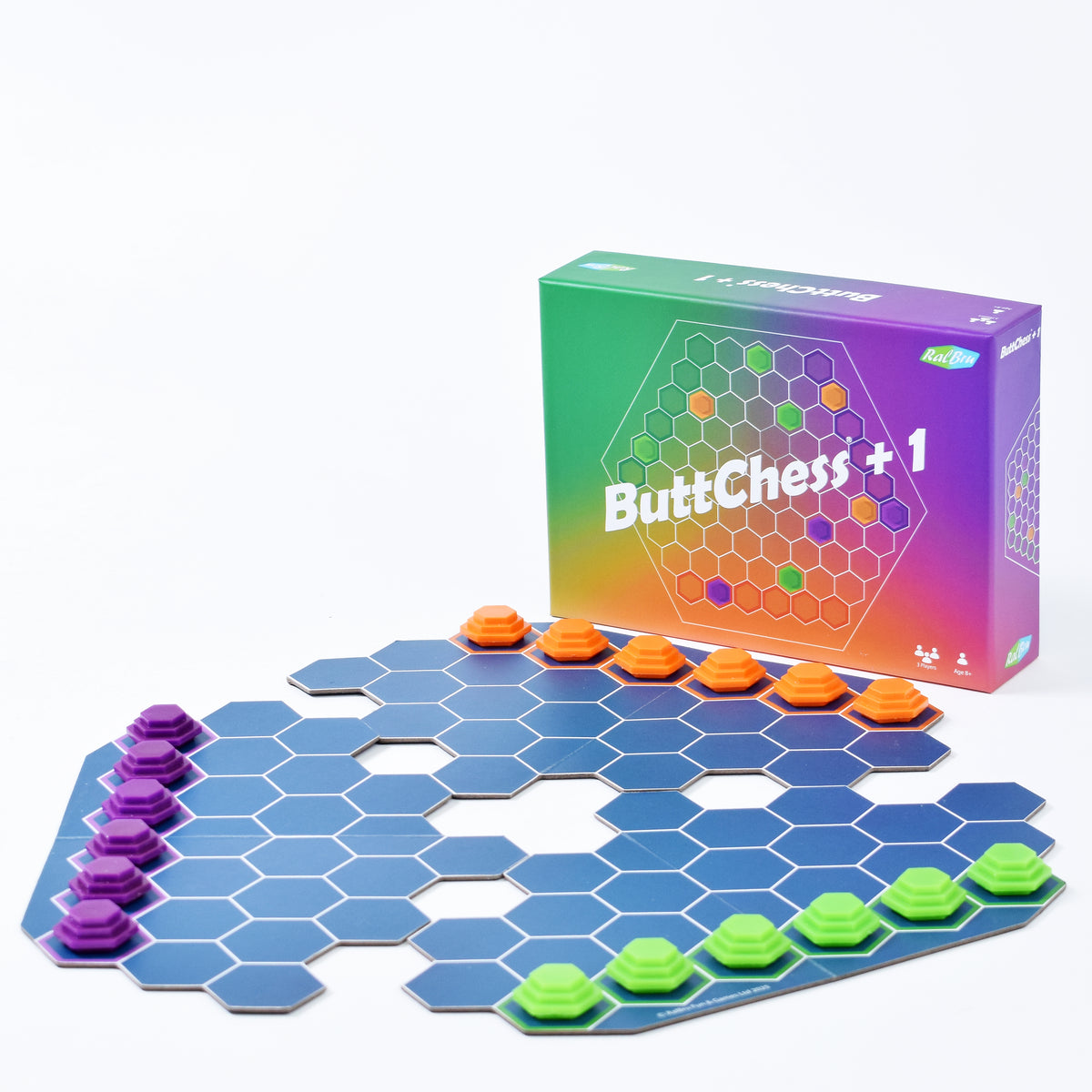 ButtChess +1 board game with orange, purple and green pieces on a blue hexagonal board, easy to learn family strategy game for three players