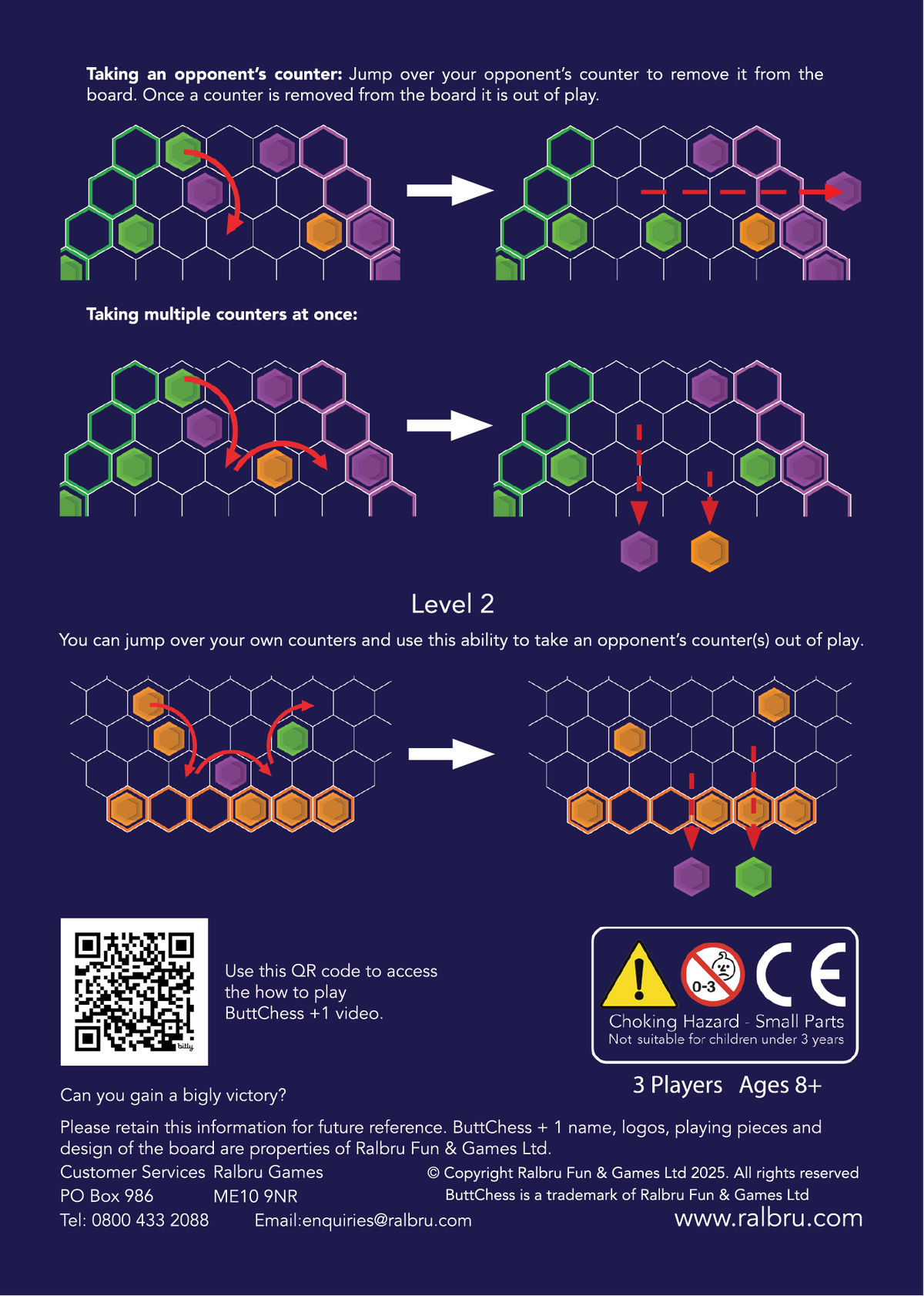 Two printed instruction sheets for a chess-themed app or game, titled 'ButChess +1 Rules', showing step-by-step diagrams of how to play, a QR code, and certification marks on a dark blue background.