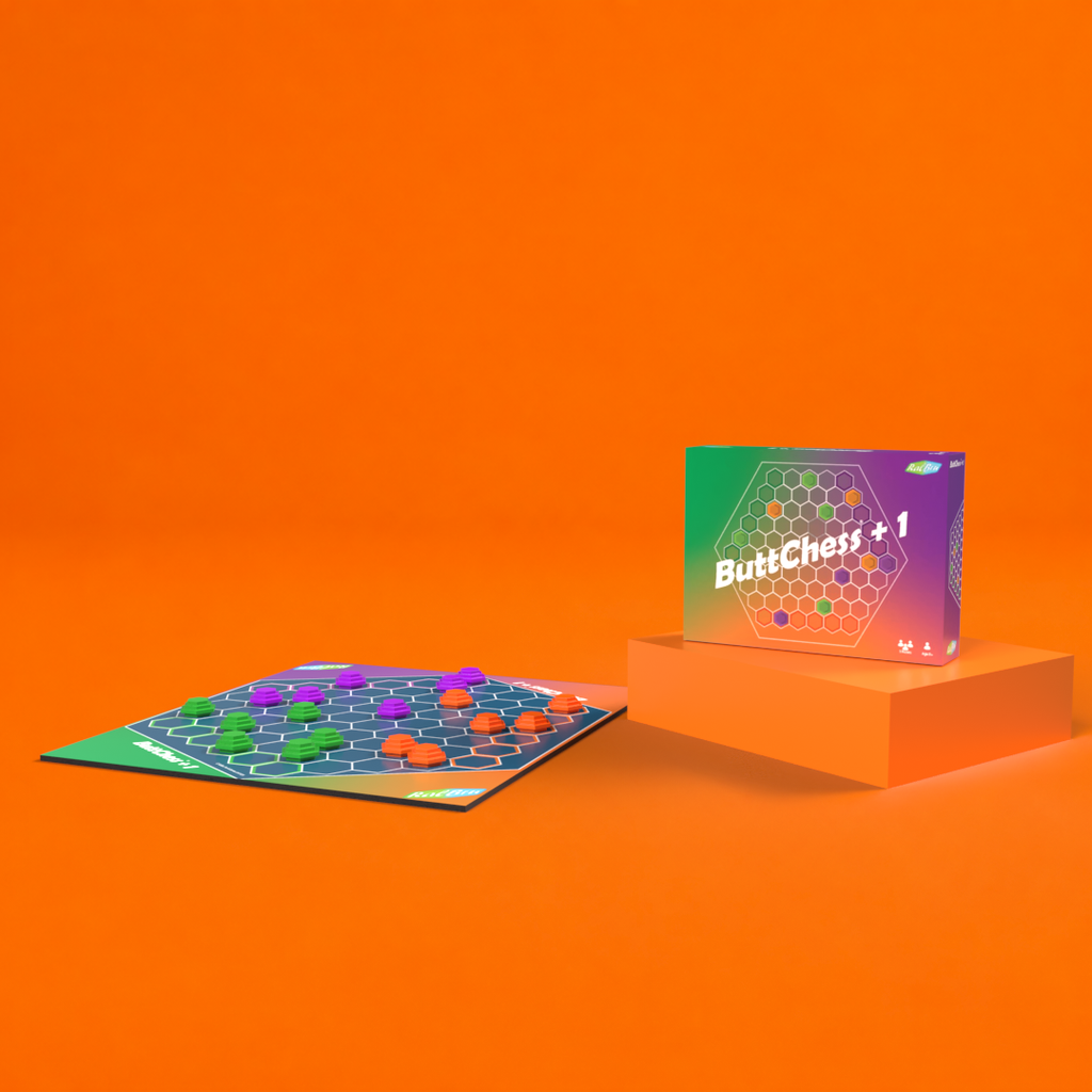 uttChess +1 box and colourful three-player game board displayed against a bright orange background, replayable abstract strategy game for family game nights