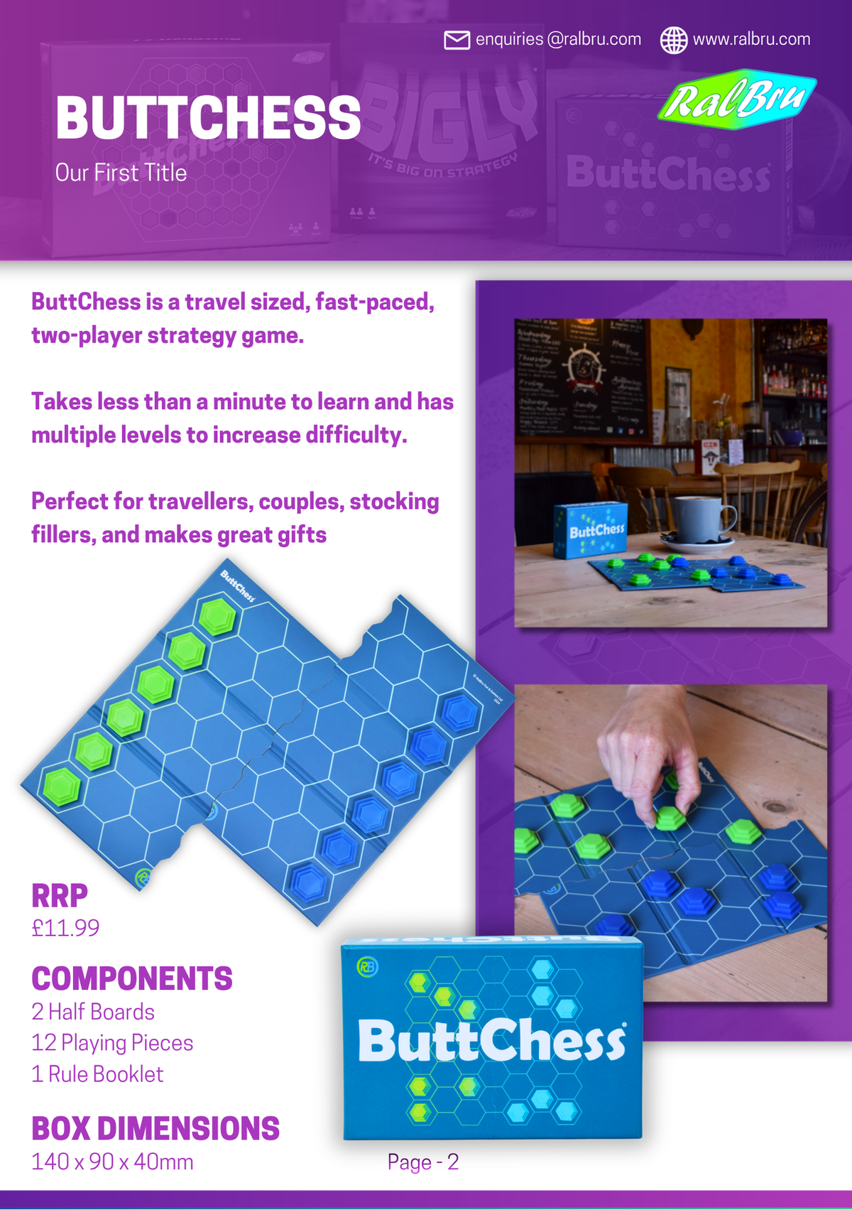 ButtChess travel-sized two-player strategy board game by Ralbru Games, featuring a folding hexagonal board and blue and green playing pieces. Easy to learn in under a minute, with adjustable difficulty levels, perfect for travel, couples, game nights and gifts. RRP £11.99.
