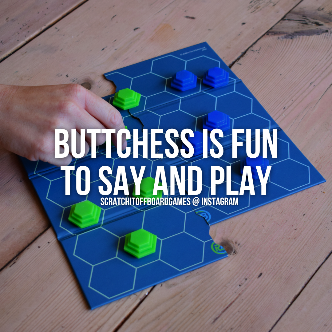"ButtChess is fun to say and play" quote from Scratchitoffboardgames review of ButtChess on Instagram