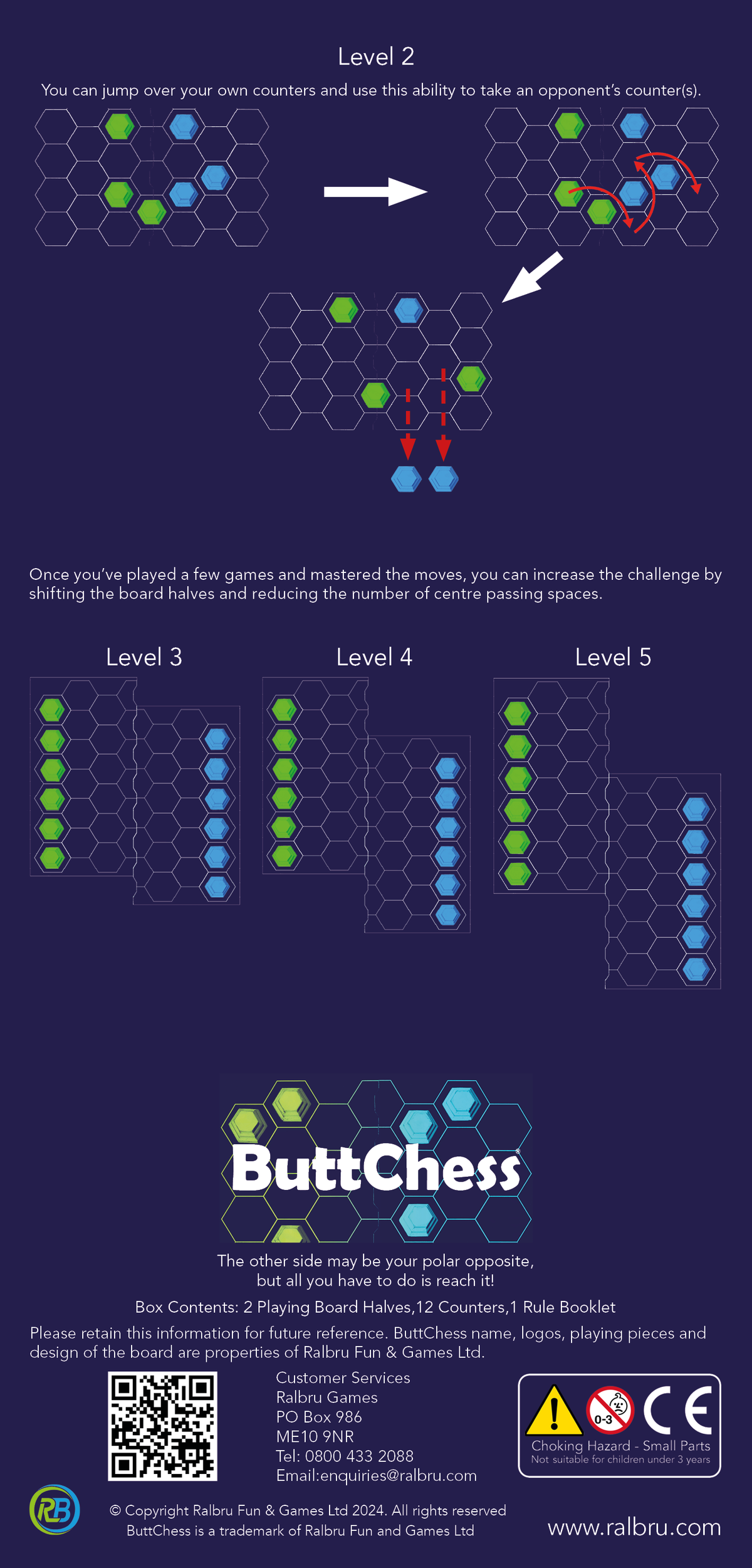 A dark navy instruction sheet for ButtChess, showing game progress from Level 1 to Level 5 with diagrams of piece positions, a QR code, and product details including box contents and a warning label.