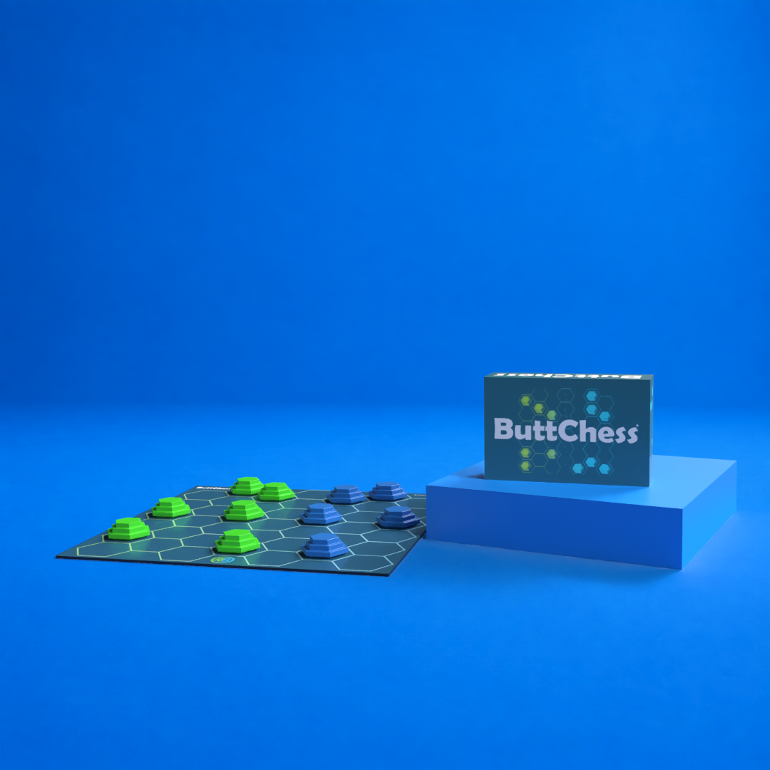 ButtChess board game box beside a hexagonal game board with green and blue pieces, compact travel-sized abstract strategy game for quick play