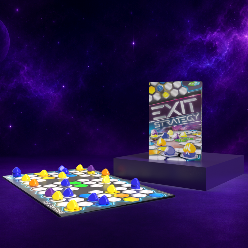 Exit Strategy board game box and colourful game board on a dark purple space background, two-player abstract strategy travel game