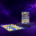 Exit Strategy board game box and colourful game board on a dark purple space background, two-player abstract strategy travel game