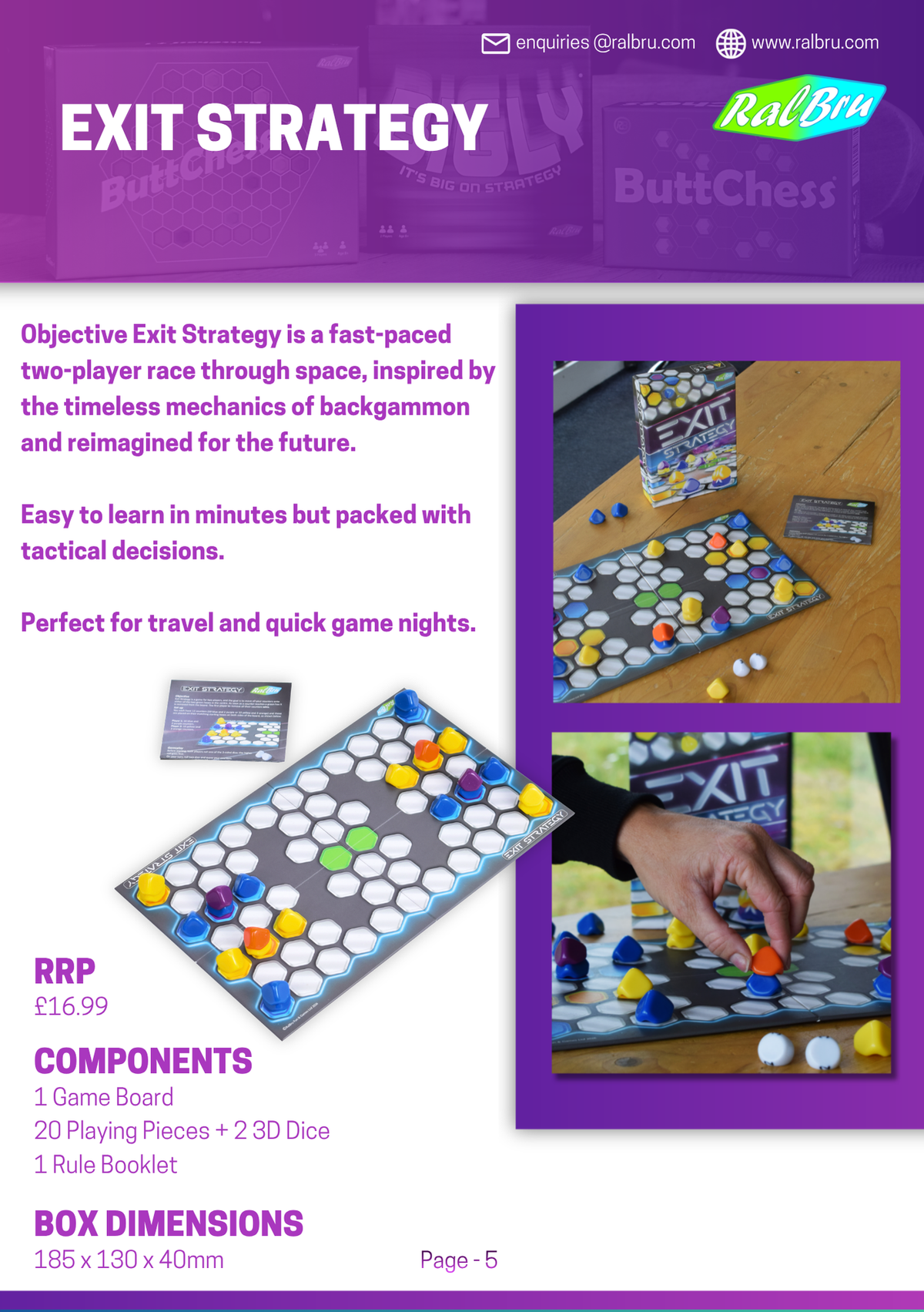 Exit Strategy travel-sized two-player abstract strategy board game by Ralbru Games, inspired by backgammon, featuring a futuristic hexagonal board, colourful playing pieces and dice. Easy to learn, tactical gameplay, priced at £17.99.