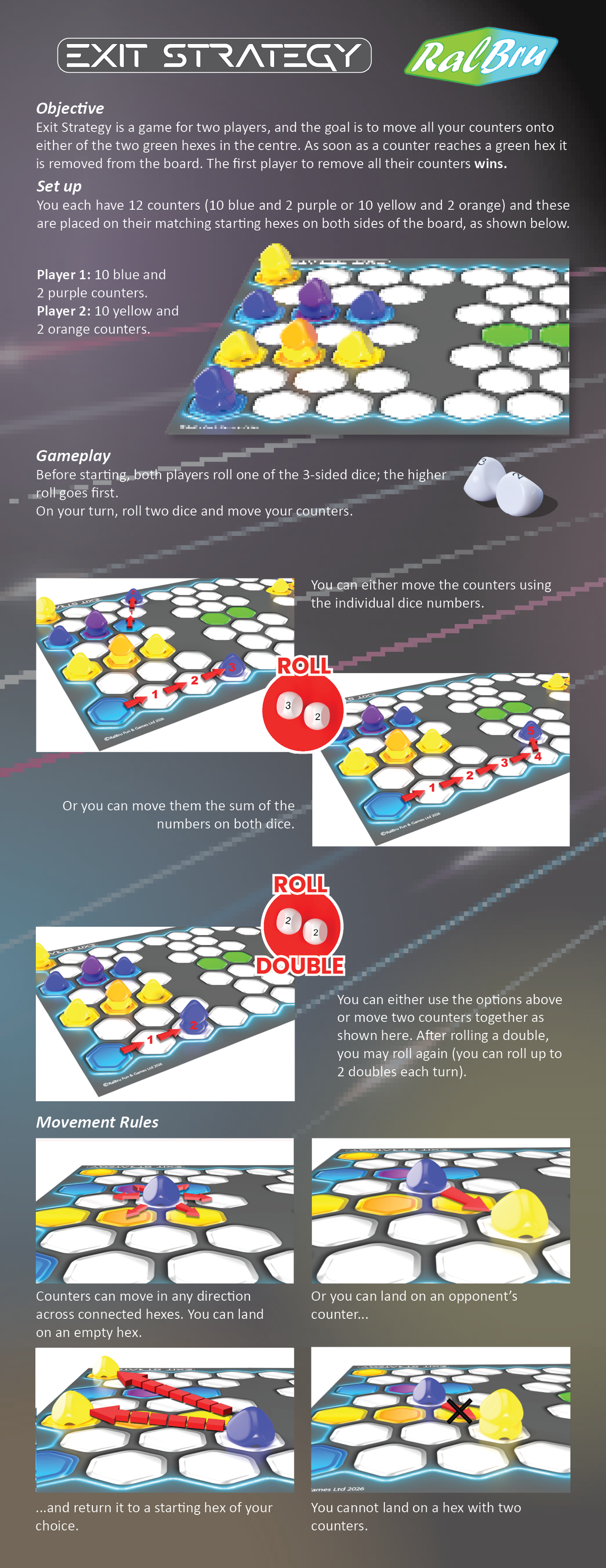 Exit Strategy Official Rulebook. The rule-book features a game board layout with colorful hexagonal tiles, white dice, and step-by-step instructions explaining how to play the game, including objectives, diceplay, movement rules, and winning conditions.