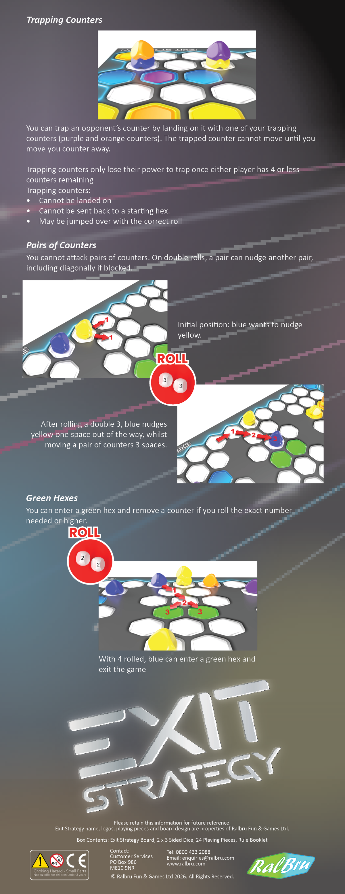 Exit Strategy Official Rulebook. The rule-book features a game board layout with colorful hexagonal tiles, white dice, and step-by-step instructions explaining how to play the game, including objectives, diceplay, movement rules, and winning conditions.