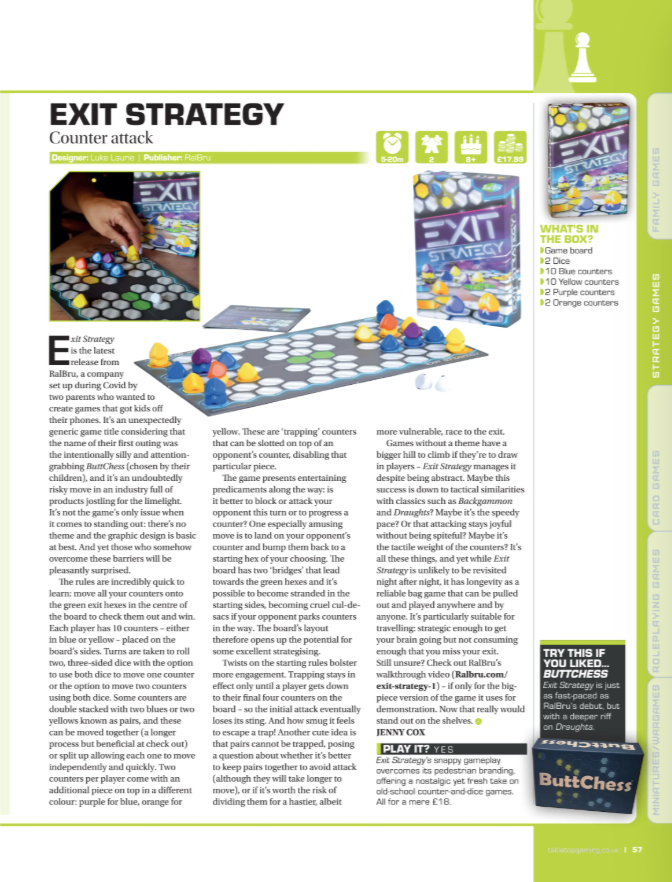 In depth Review of Exit Strategy by the Tabletop Gaming Magazine giving a suggestion to buy the game and comparing it to Backgammon. 