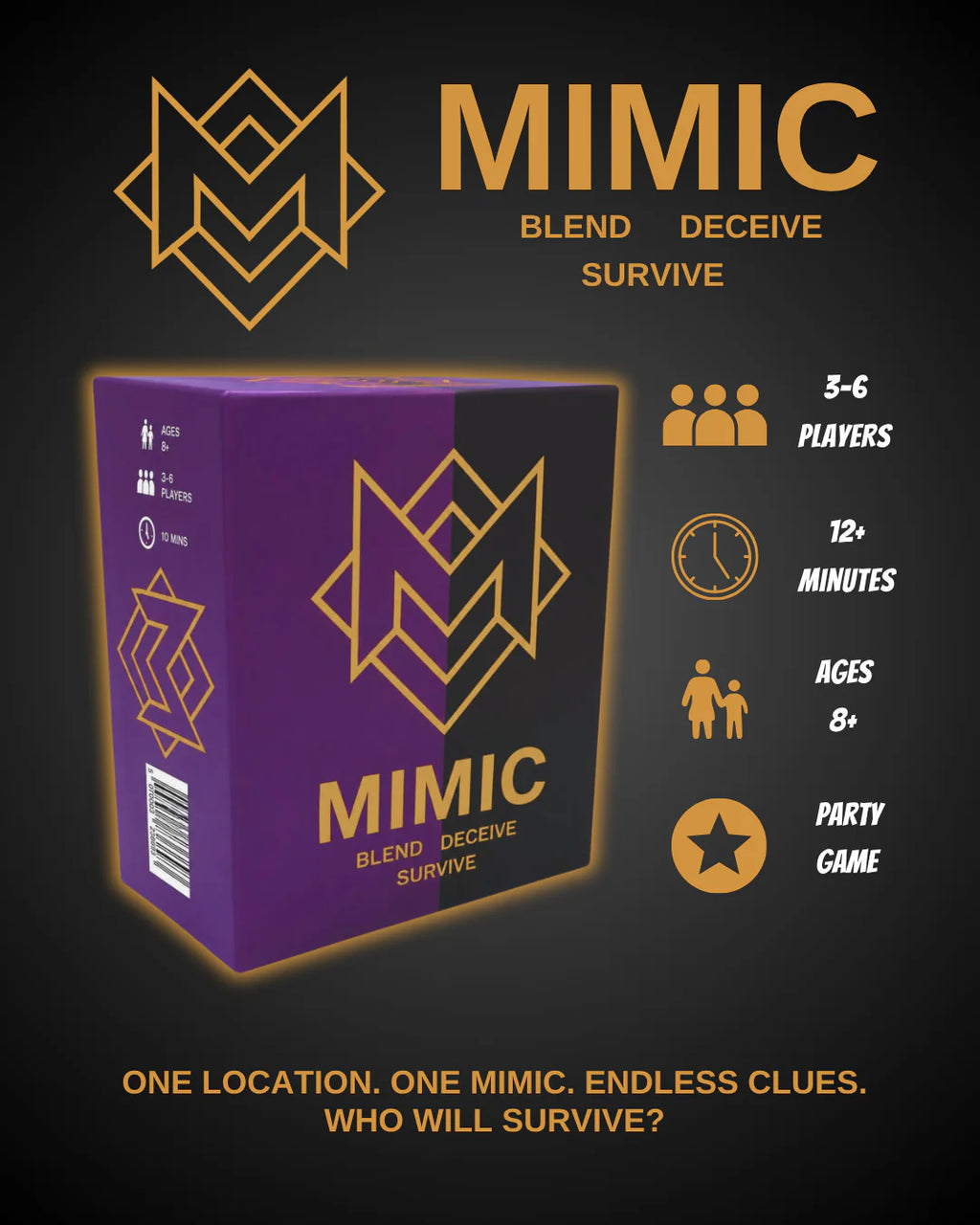 Mimic is a fast social deduction party game for 3–6 players, with 10–12 minute rounds built around blending in, deceiving others and spotting the Mimic. Travel-sized and easy to learn, it’s ideal for parties, family game nights, holidays and groups.
