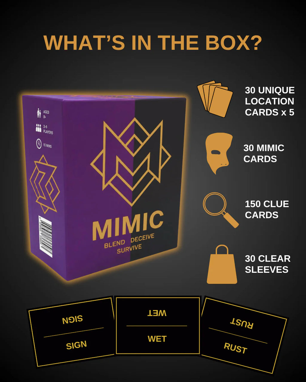 Mimic card game box with location, mimic and clue cards displayed, highlighting a quick, easy-to-learn travel game for 3–6 players, perfect for family game nights and affordable group play.