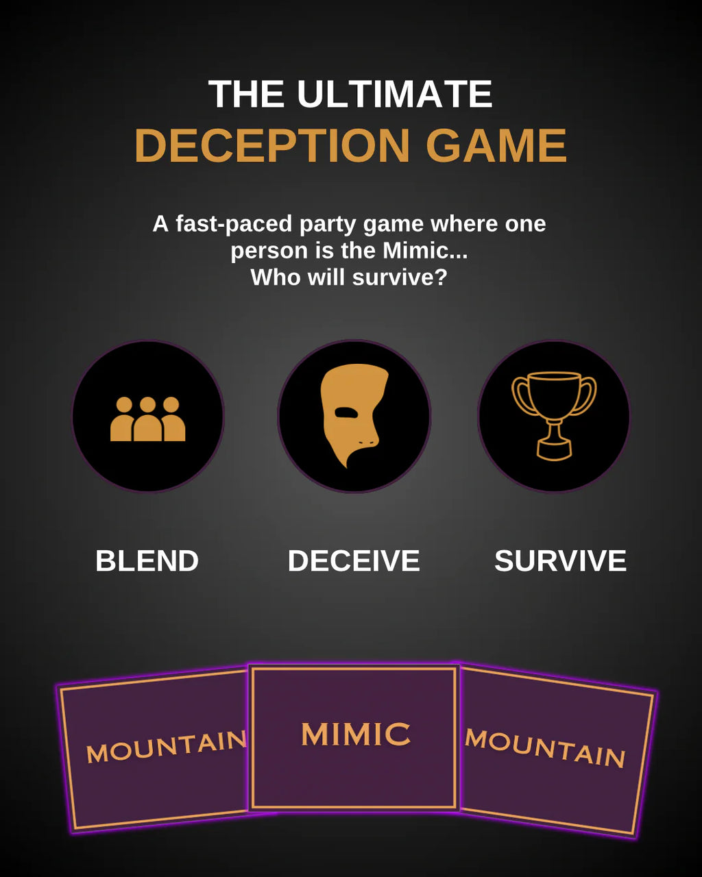 Mimic deception card game graphic featuring “Blend, Deceive, Survive” with three players and matching location cards, showcasing a fast-paced, replayable party game for adults and family game nights.