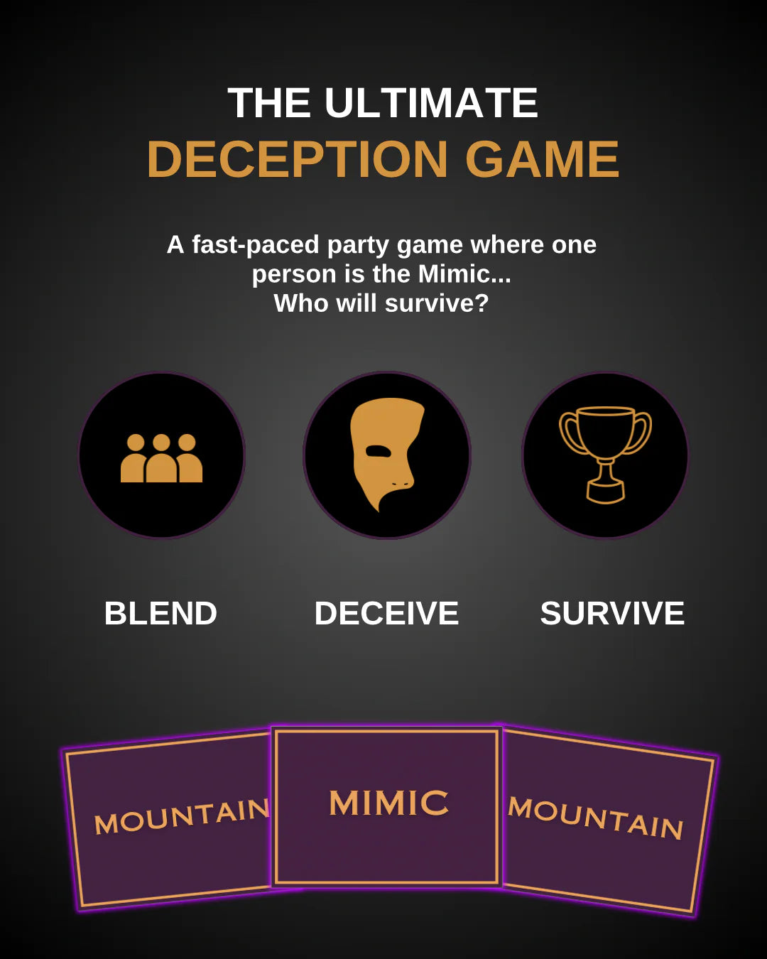 Mimic deception card game graphic featuring “Blend, Deceive, Survive” with three players and matching location cards, showcasing a fast-paced, replayable party game for adults and family game nights.