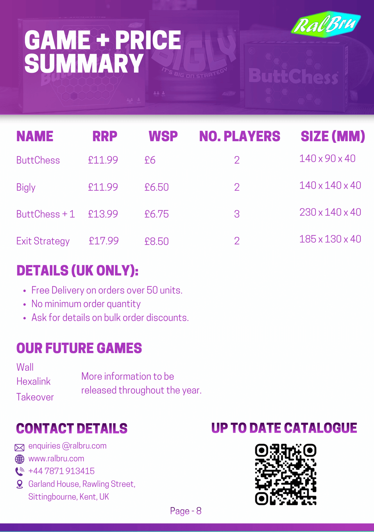 Ralbru Games board game price list and wholesale catalogue featuring ButtChess, Bigly, ButtChess + 1 and Exit Strategy. Includes UK retail prices, wholesale prices, player counts, box dimensions, bulk order discounts, future games and retailer contact details.