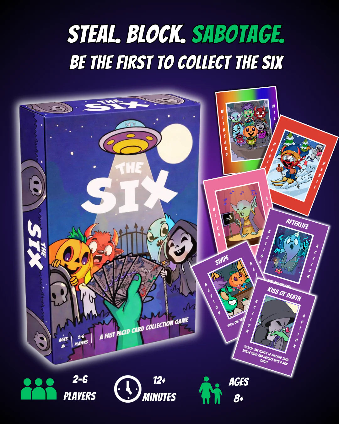 The Six 2–6 player card game by Play It Now shown with its game box and colourful action cards, highlighting the fast-paced gameplay and steal, block and sabotage mechanics. A fun, easy-to-learn game for all ages, perfectly matching Ralbru’s travel game ideology with its travel-friendly format, ideal for holidays, family game nights, parties and playing with friends.