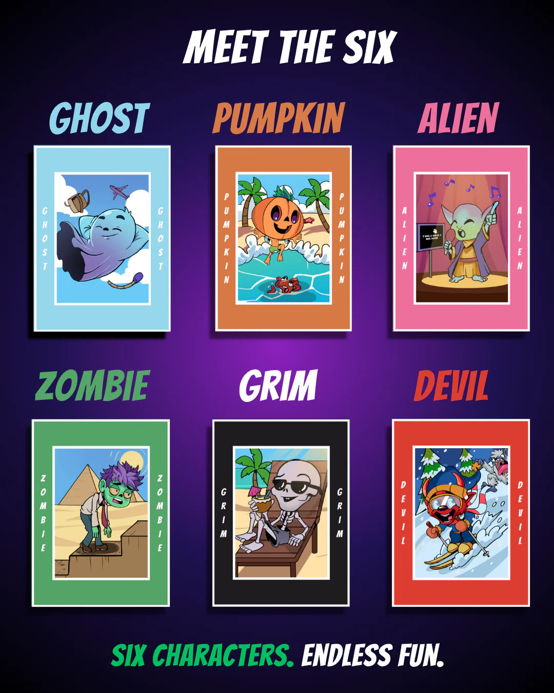 The Six card game by Play It Now presents six distinctive characters – Ghost, Pumpkin, Alien, Zombie, Grim and Devil – across a colourful collection of illustrated cards. This 2–6 player game combines quick, competitive gameplay with a fun character theme, making it a travel friendly game for all ages and a great choice for holidays, family trips, parties and casual games with friends, fitting perfectly with Ralbru’s travel game theme.