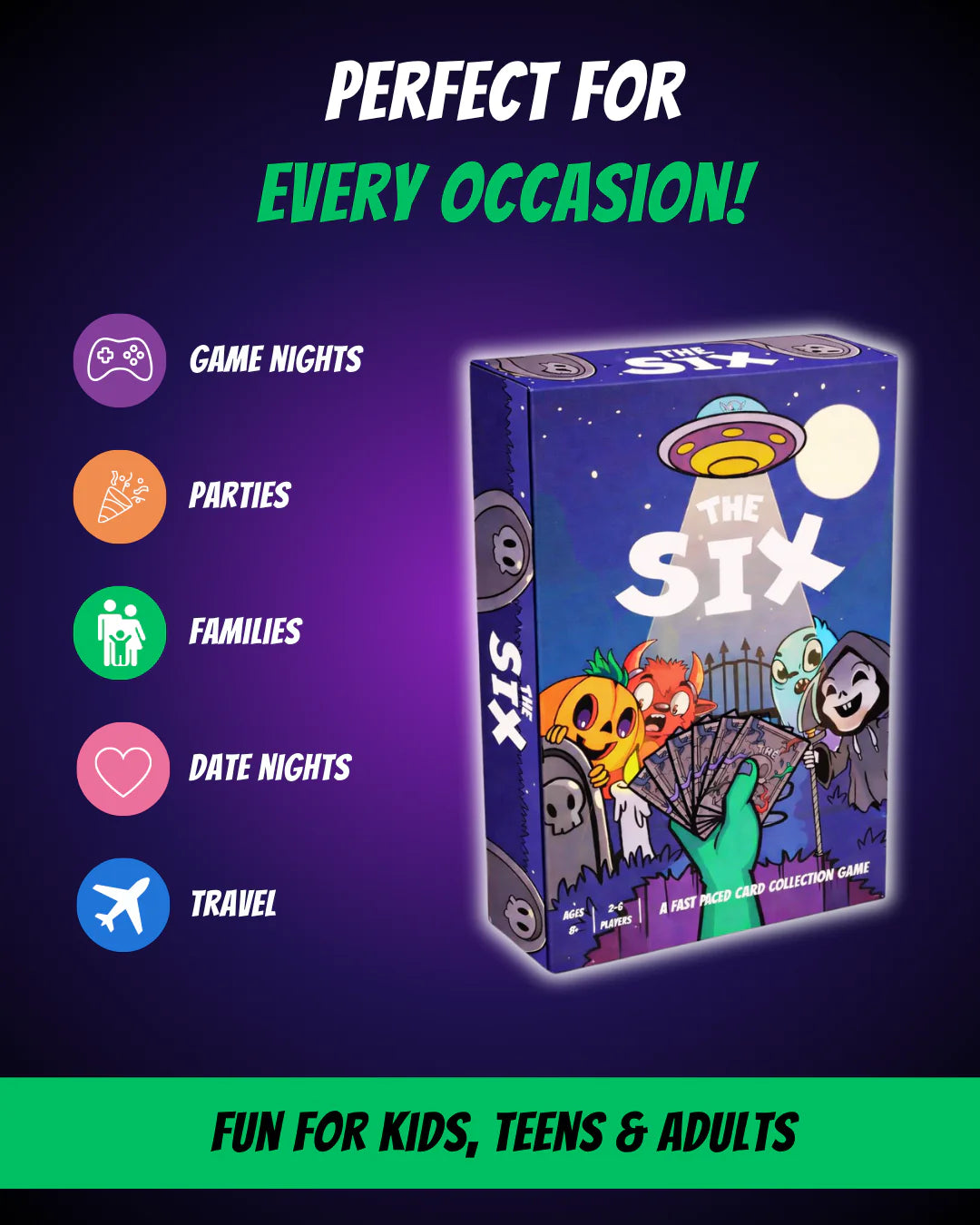 The Six 2–6 player card game by Play It Now shown as a versatile game for game nights, parties, family time, date nights and travel, with the colourful game box displayed alongside each occasion. A fun and fast-paced game for kids, teens and adults, designed for all ages and travel friendly play, fitting perfectly with Ralbru’s travel game ideology and making it an ideal game to take on holidays, trips and days out.