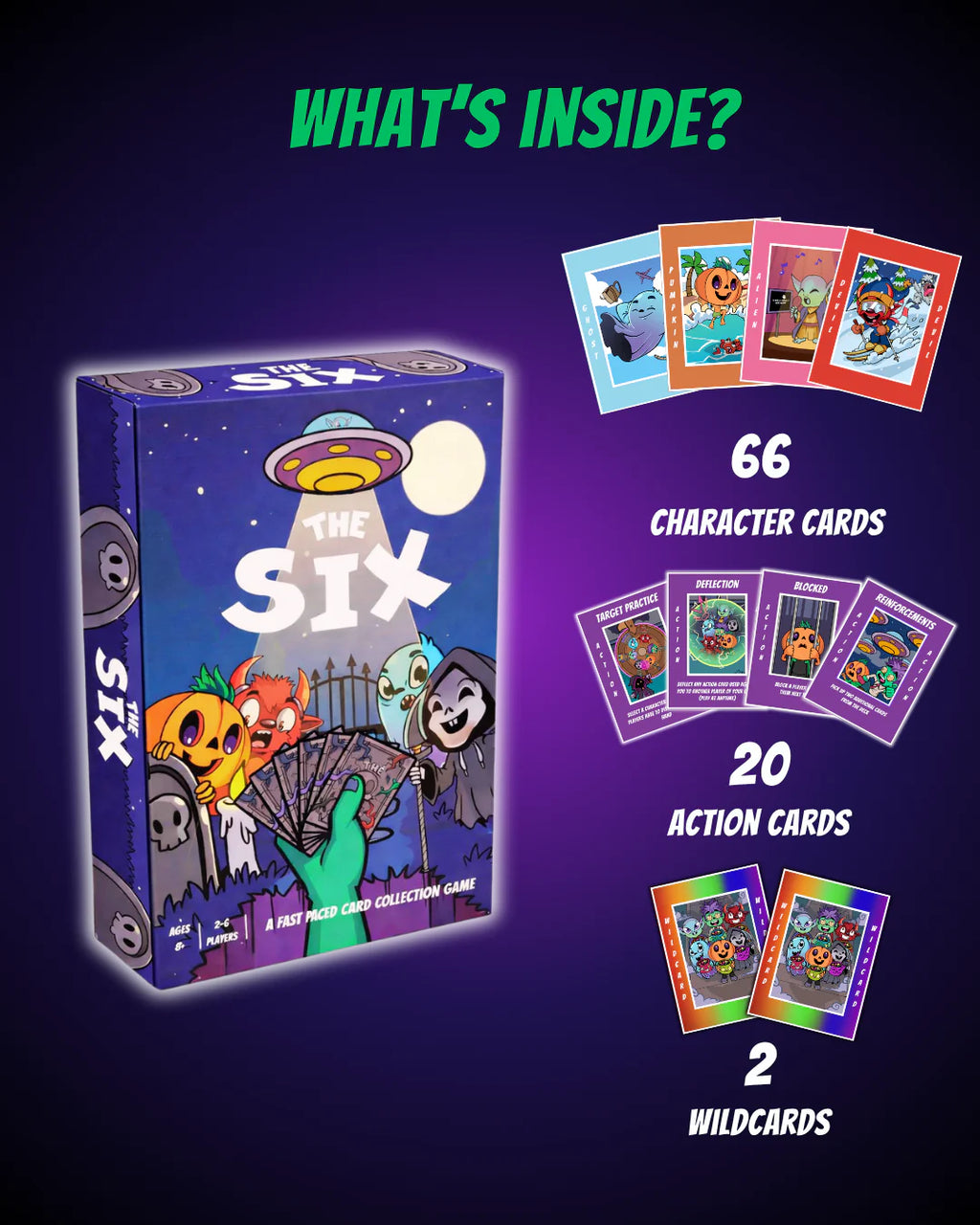 The Six 2–6 player card game by Play It Now shown with its contents, including 66 character cards, 20 action cards and 2 wildcards, alongside the colourful game box. A fast-paced and easy-to-learn card game for all ages, travel friendly and compact enough to take anywhere, fitting perfectly with Ralbru’s travel game ideology and ideal for holidays, family game nights, parties and playing with friends.