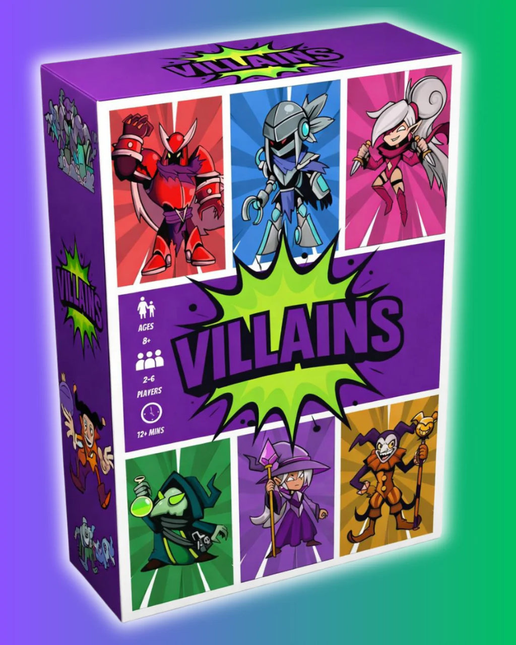 Villains 2–6 player game by Play It Now featuring a colourful cast of comic-style villains, including a warrior, robot, sorceress and other unique characters across the game box. A quick and engaging party game for all ages, with a compact travel friendly format that makes it a great choice for holidays, trips away, game nights and playing with friends.