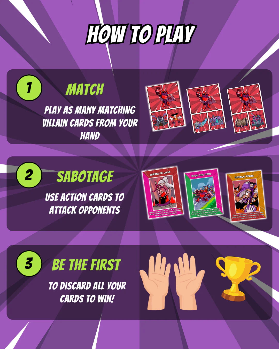Play It Now’s fast-paced card game is easy to learn and packed with action. Match villain cards, use sabotage cards to attack opponents and be the first to empty your hand. A travel-friendly game for all ages, perfect for groups, families, parties and game nights.